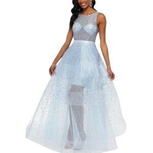 Betsy & Adam Sheer Sequined Backless Ball Gown Blue Size 4 Long Formal Dress